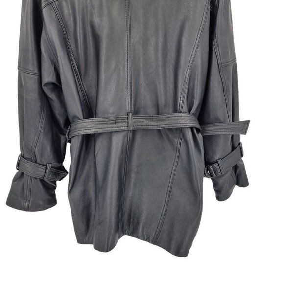 Vintage 80s Leather Flight Jacket M Black Long Belted Hidden Zip Biker Moto - Picture 13 of 16